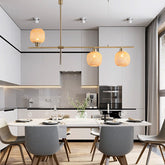 Asian Oblong Wood Chandelier with 3 Light-Beige Shades for Kitchen